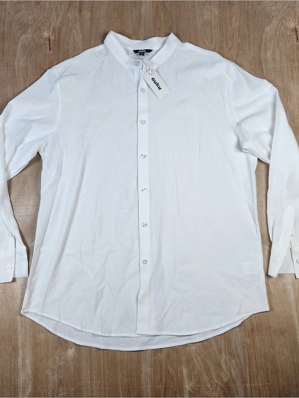 Ouku Mens White Long Sleeve Cotton Button Up Mandarin Collar Shirt Size XL
